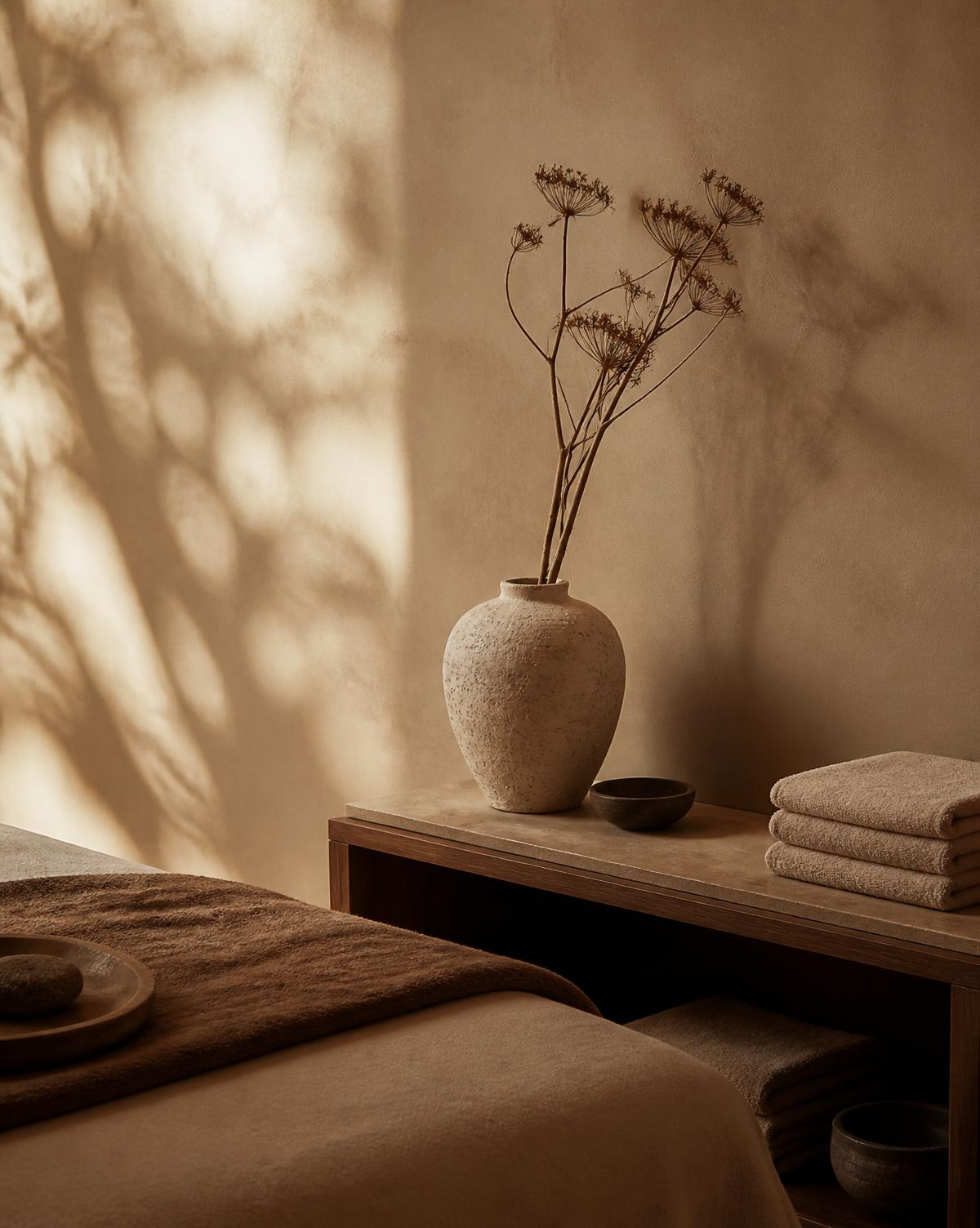 Quiet spa treatment room corner with folded linen and soft light