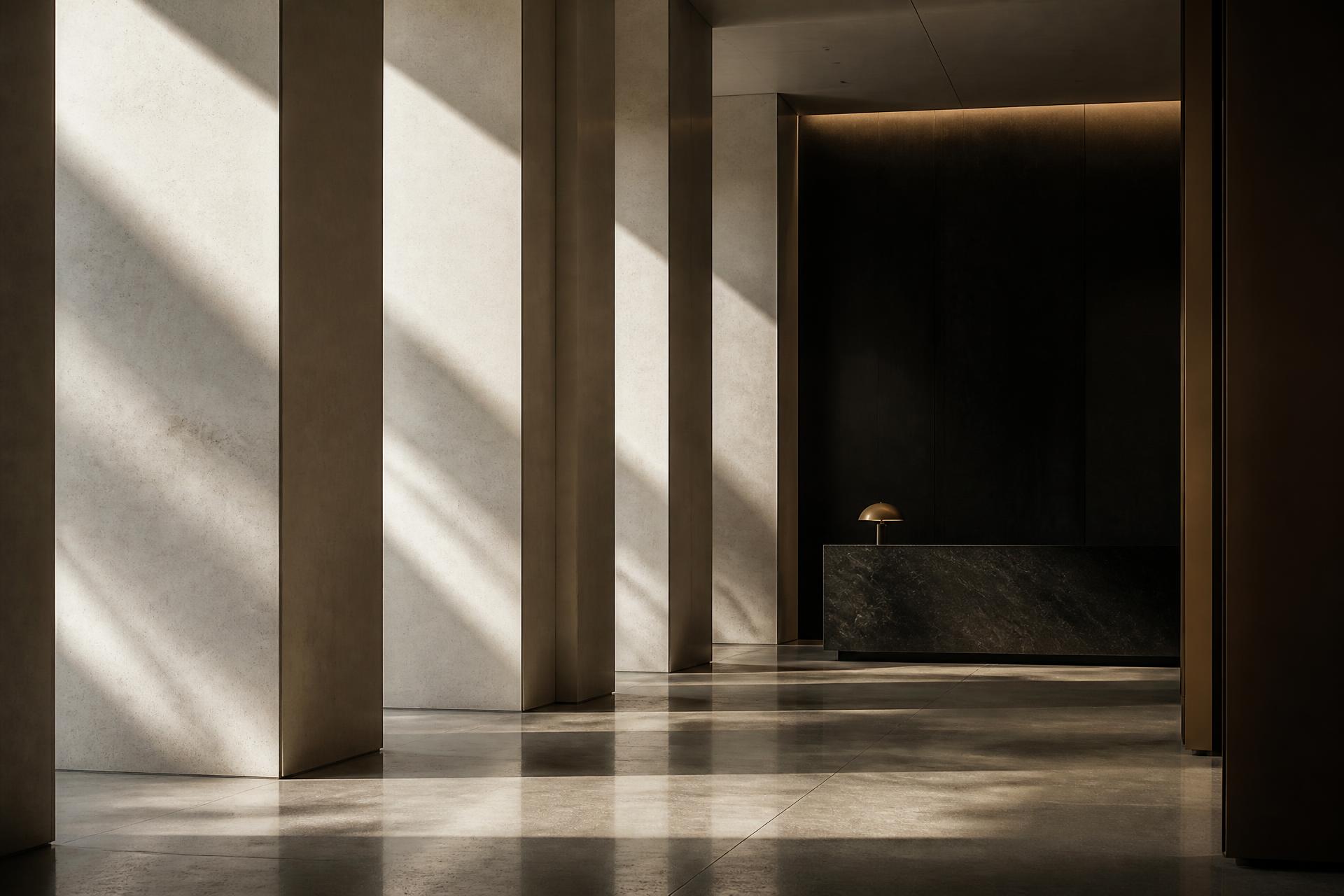 Minimal architectural interior with stone columns and raking daylight