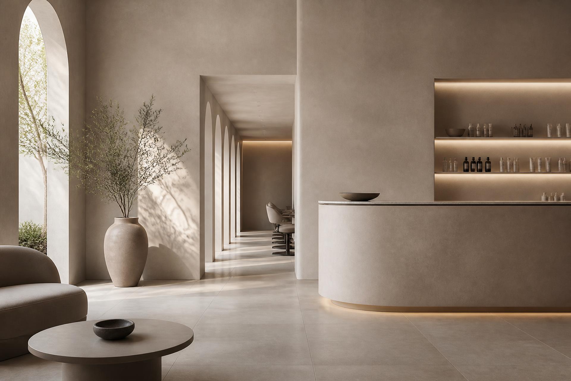 Calm, minimal salon reception with warm plaster walls and soft daylight
