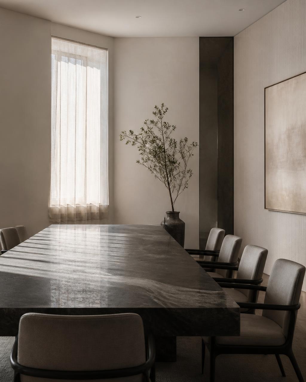 Quiet contemporary meeting room with a dark stone table and soft natural light